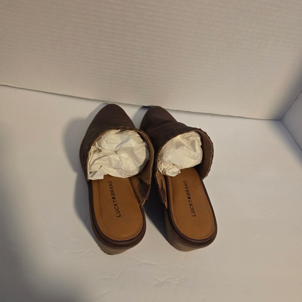 Lucky Brand Brown Leather Pointed Toe Mules Whipstitch Stacked Heel Women 7.5 M